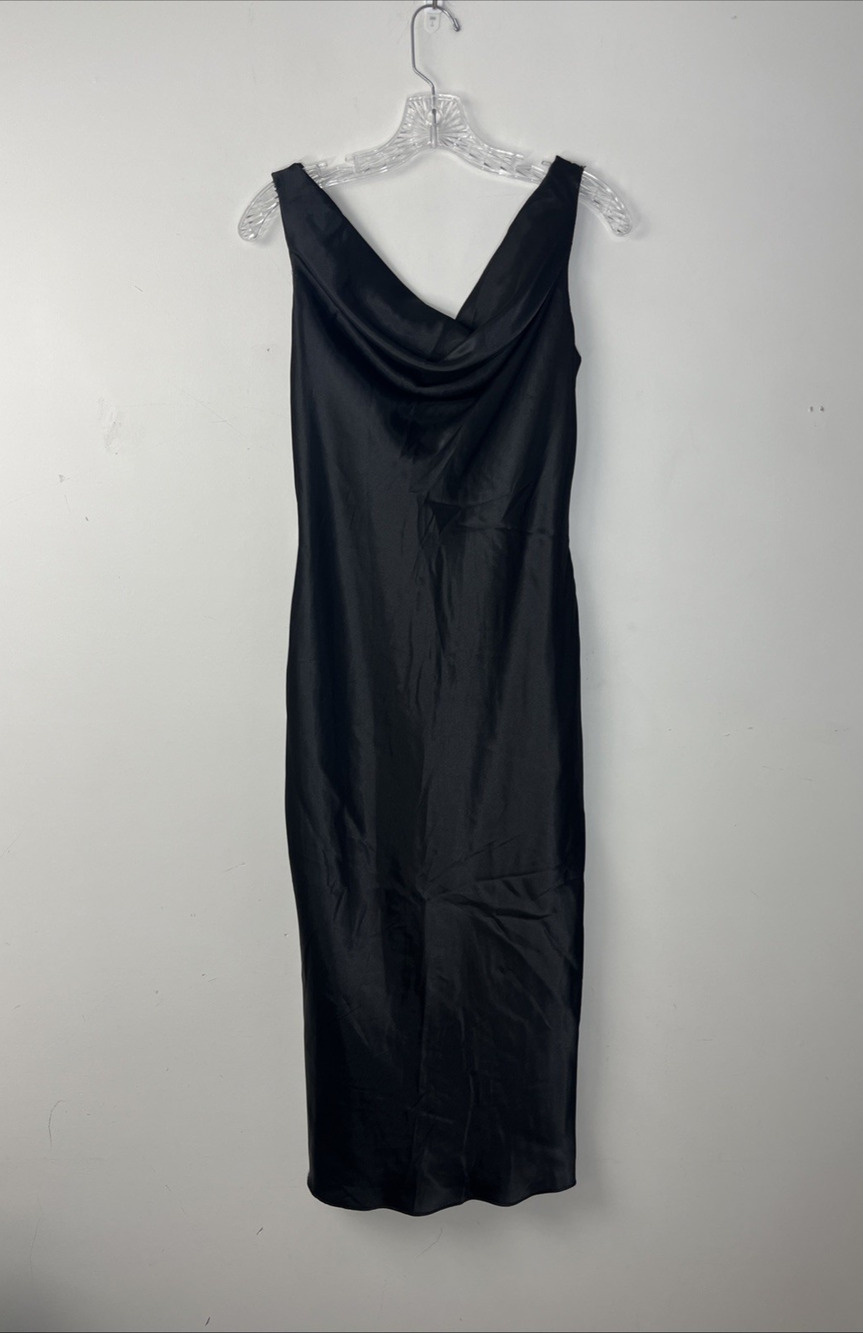 Marina Sleeveless Satin Gown Small Black Cowl Neck Midi Cocktail Formal Evening